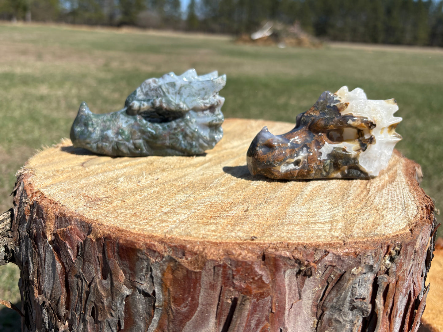 Moss Agate Dragon Heads
