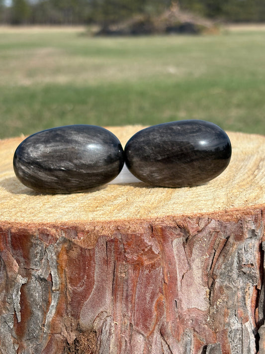 Silver Sheen Obsidian Palm Stone